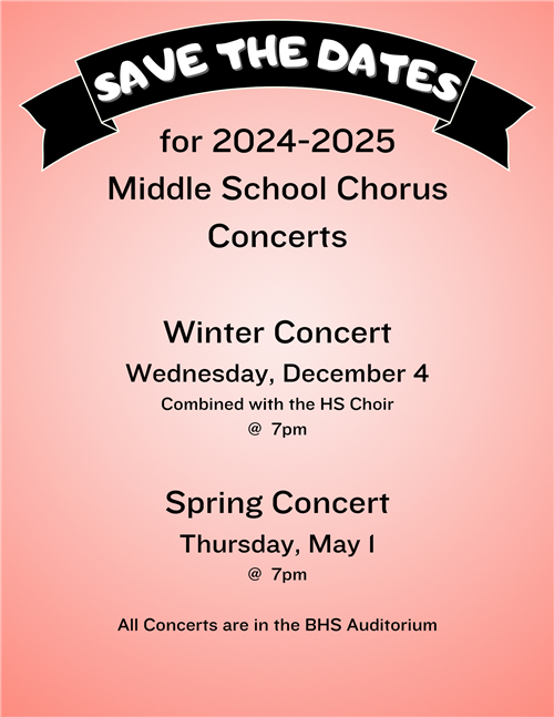 Save the dates for Middle School Concerts. Winter is December 4 and Spring is May 1.
